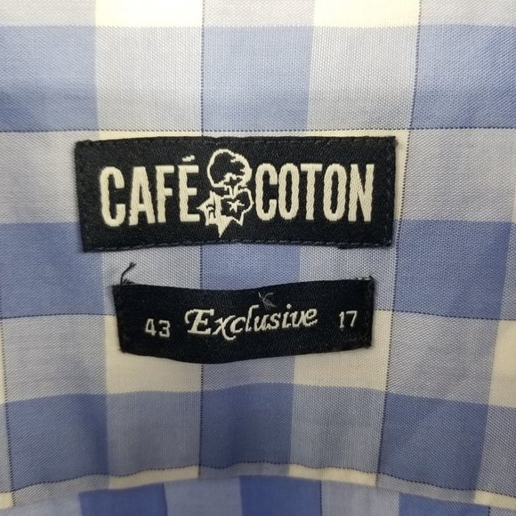 Cafe Coton Exclusive Blue and White Plaid Button Down Dress Shirt 43 / 17 - Picture 3 of 11